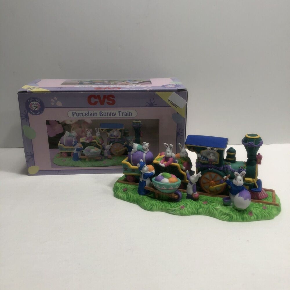 CVS Porcelain Bunny Train Easter Rabbit Eggs Hand Painted Vintage 1990s Decor